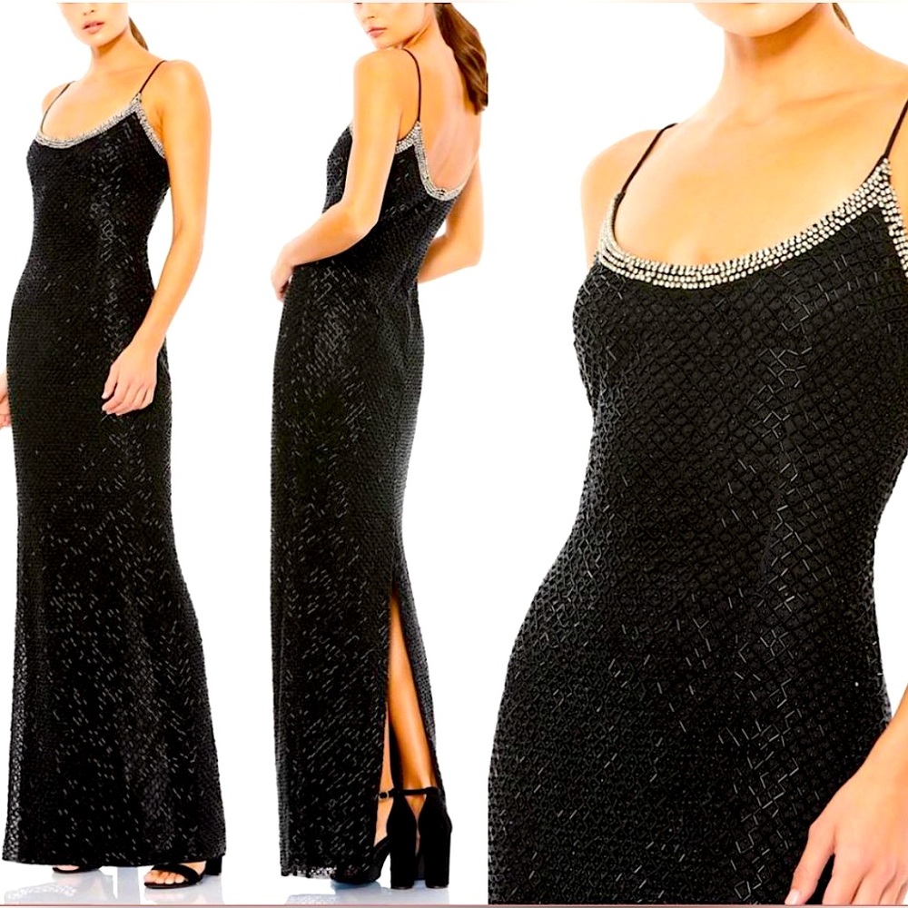 Mac Duggal Black Beaded Evening Gown with Silver Trim
